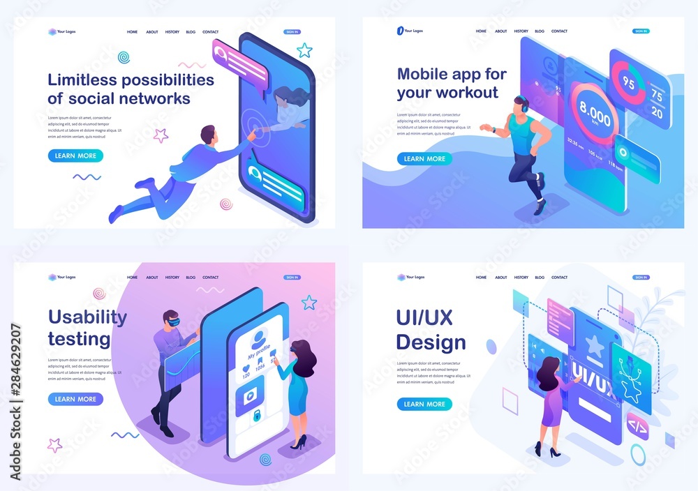 Poster set isometric landing pages, concept of user interface development, testing and use by users. mobile