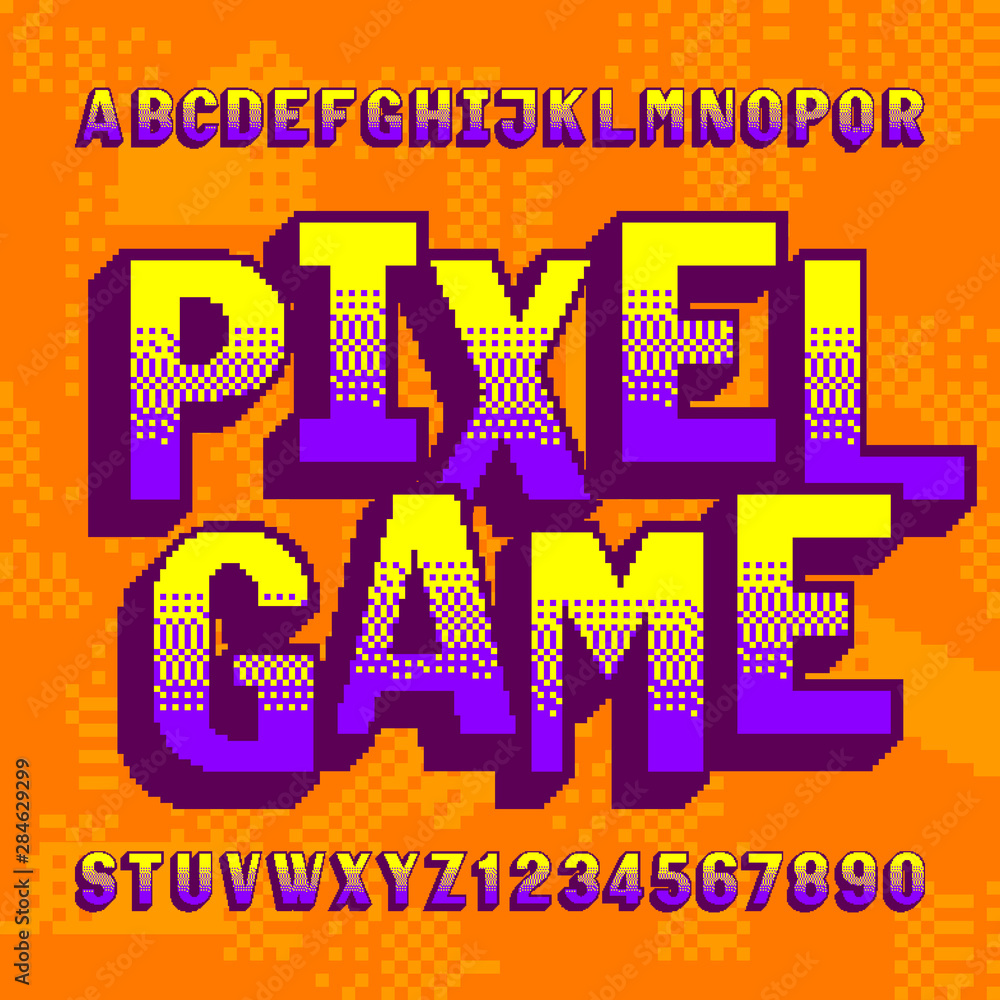 Fototapete pixel game alphabet font. colorful digital letters and numbers on pixel background. retro 80s video 