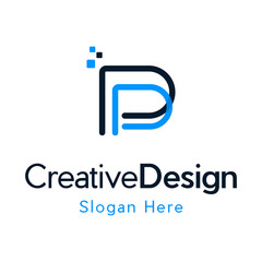 P Initial Letter Logo Design with Digital Pixels in Blue Colors. letter P with pixels shape logo template,