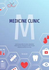 Medical flyer with simple flat Icons. Medicine clinic, polyclinic, healthy care concept. Vector illustration for medical presentation, cover, banner, poster.