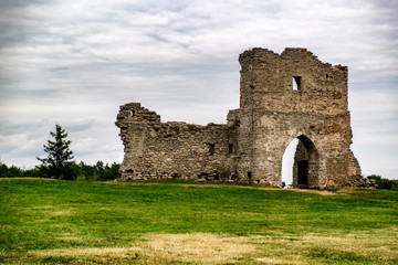 The ruins of the Kremenets castle on Mount Bona over town Kremenets , Ukraine. August 2019