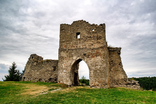 The ruins of the Kremenets castle on Mount Bona over town Kremenets , Ukraine. August 2019