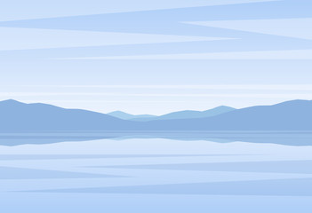 Calm blue Landscape with lake or bay and mountains on horizon - obrazy, fototapety, plakaty
