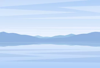 Foto op Canvas Kalm blauw landschap met meer of baai en bergen aan de horizon © deniskrivoy