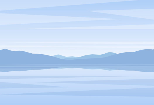 Calm Blue Landscape With Lake Or Bay And Mountains On Horizon