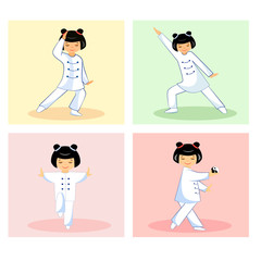 of Chinese girls doing exercises tai Chi and qigong