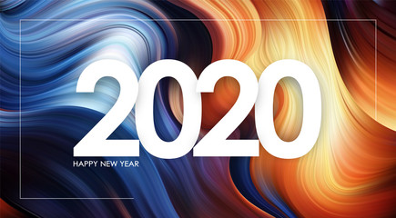 Happy New Year 2020 on colorful flow background Trendy design