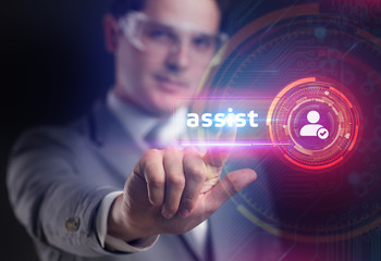 Business , internet  and technology concept. Technical support. Customer help.Businessman presses assist on virtual screen