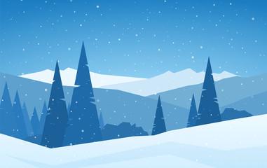 Winter Christmas snowy calm Mountains landscape with pines, hills and snowflakes.