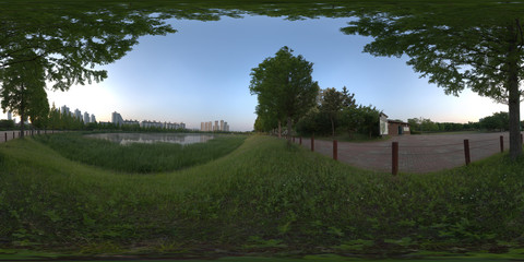 Ansan, South Korea - 15 May 2019 Ansan Waterside Park. 360 degrees spherical panorama of spring nature in forest.