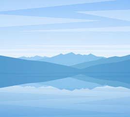 Vector Mountains Lake. Flat calm blue Landscape.