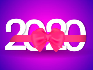 Pink bow knotted on a 2020 date. Vector illustration