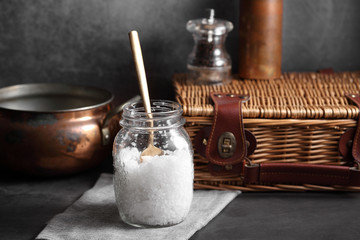 France sea salt in glass bottle on kitchen rustic style