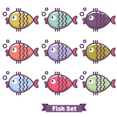 Color fish icon set. Vector flat illustration