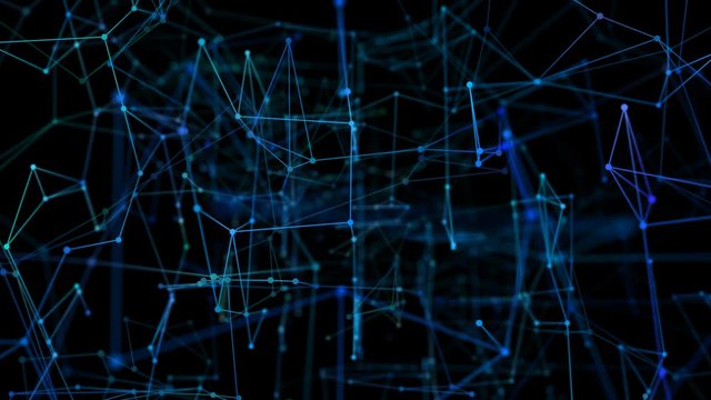 Connecting people on the internet, nodes transforming into the shape of cloud. Flight of the camera in the technological abstract space.