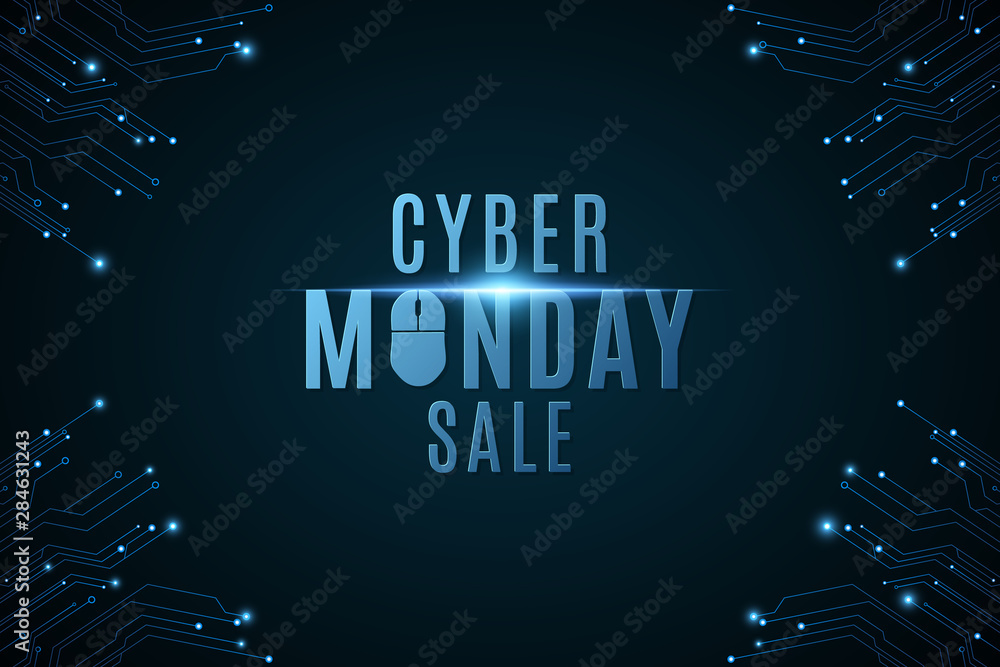 Poster cyber monday sale. high-tech background from a computer circuit board. computer mouse. glowing neon 