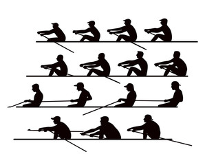 4 teams of rowers in boats and canoes for the race. Silhouette. Illustration © iuliiawhite