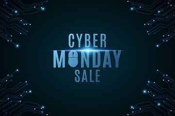 Cyber Monday Sale. High-tech background from a computer circuit board. Computer mouse. Glowing neon blue connecting lines with lights. Vector illustration