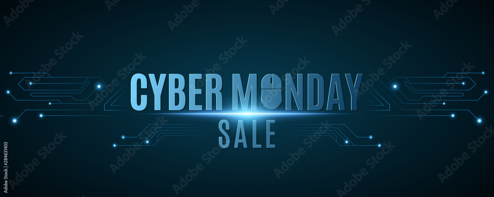 Poster cover for cyber monday sale. hi-tech background from a computer circuit board. computer mouse. glowi