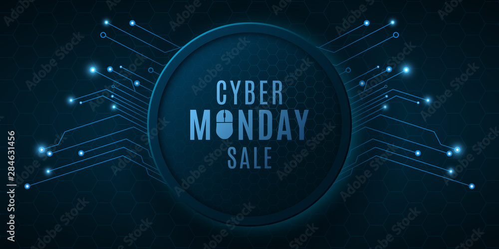 Poster cyber monday sale. high-tech background from a computer circuit board. computer mouse. glowing neon 