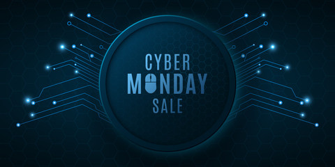 Cyber Monday Sale. High-tech background from a computer circuit board. Computer mouse. Glowing neon blue connecting lines with lights. Vector illustration