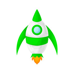 Launch of a green space rocket with a porthole. Cartoon and flat style. Vector illustration isolated.