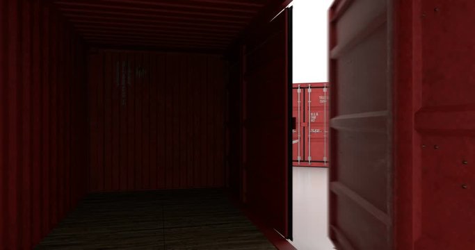 Camera moving through cargo shipping container while its front and side doors being opened. Seamlessly loopable animation.