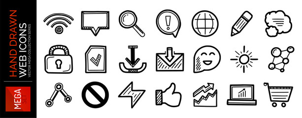 Set of hand drawn black web internet icons: wifi, speech bubble, magnifier, pencil, lock, email, stop and other symbos. Vector sketch style design