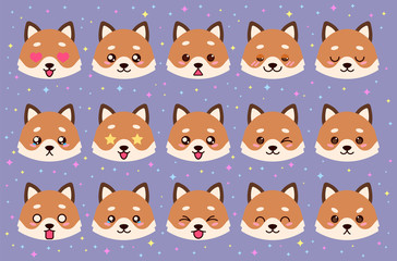Fototapeta premium Colorful vector set of cute fox emoticons. Collection isolated funny muzzle fox with different emotion in cartoon style.