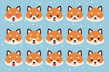 Colorful vector set of cute fox emoticons. Collection isolated funny muzzle fox with different emotion in cartoon style.