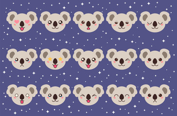 Colorful vector set of small cute koala emoticons. Collection isolated funny muzzle bear neat with different emotion in cartoon style.