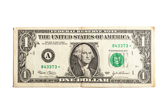 Close up of one US dollar isolate on white background. USA dollar bill. Texture of one US dollar banknote.