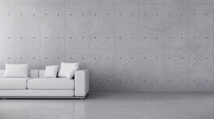 View of white Concrete room in minimal style with sofa .The sun light cast shadow on the white fabric seat and the cement wall. 3d rendering.	