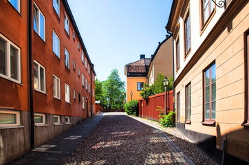 Fototapeta na wymiar A stone paved street in Stockholm