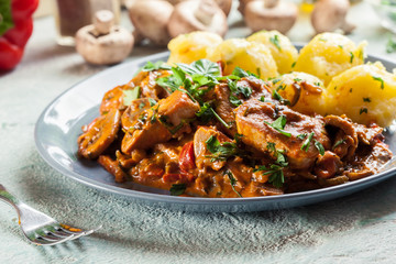 Fresh turkey ragout with mushrooms