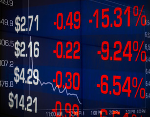 Fototapeta premium Stock market crash graph and numbers reflection percentage decrease and price. Panic, losing money causing stress.