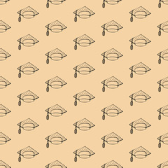 Seamless background contour cap of the student. Vector monochrome texture. Vector seamless texture. Doodle headdress. Hand-drawn. Drawing a line. Design for packaging, textiles, websites