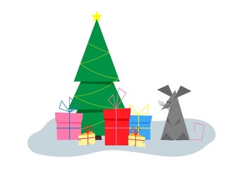 Fototapeta na wymiar Vector flat illustration of funny mouse or rat with cheese, gift boxes, Christmas tree on white. Happy mouse or rat festive poster. Design for Christmas, New year, symbol of 2020 in Chinese calendar.