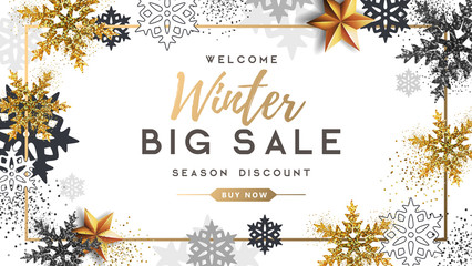 Winter poster with golden Christmas snowflakes and stars. Winter big sale poster. Wiinter background