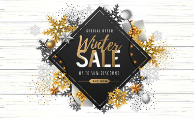 Winter poster with golden Christmas snowflakes and presents. Winter big sale poster. Wiinter background