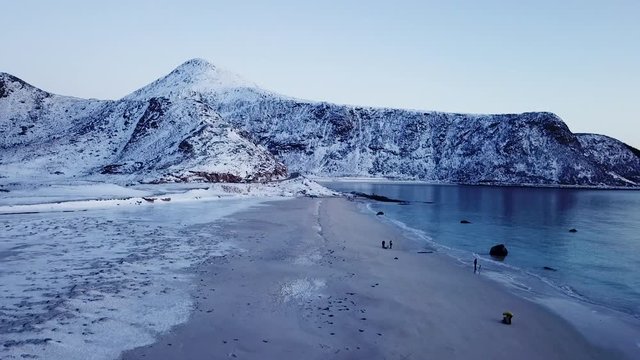 Haukland Beach from above, aerial footage of the Lofoten Islands