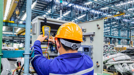 Fototapeta na wymiar Electrician engineer works to repair a control panel at substation with voltage meter equipment in industry factory, Technician job check the fault in switch board at construction site 