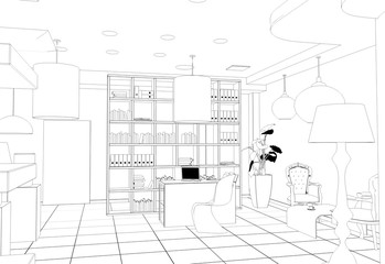 interior, exhibition hall, contour visualization, 3D illustration, sketch, outline