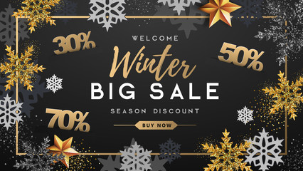 Fototapeta na wymiar Winter poster with golden Christmas snowflakes and stars. Winter big sale poster. Wiinter background
