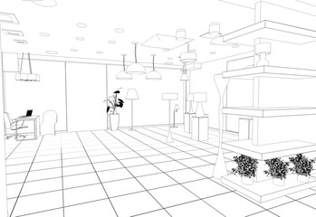 interior, exhibition hall, contour visualization, 3D illustration, sketch, outline