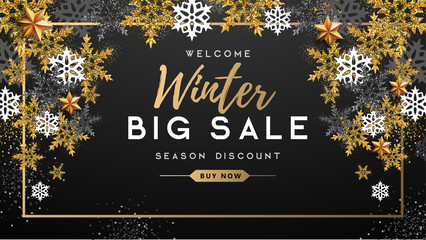 Winter poster with golden Christmas snowflakes and stars. Winter big sale poster. Wiinter background