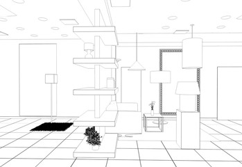 interior, exhibition hall, contour visualization, 3D illustration, sketch, outline