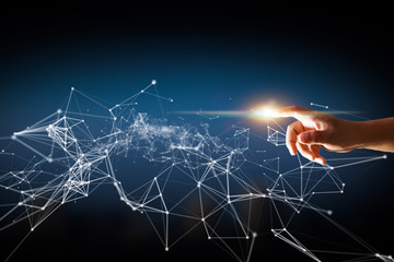 hand touching dot with network plexus, digital connection with visual global network 