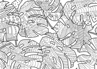 Doodling coloring book monstera leaves