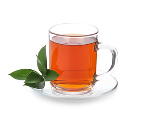 Cup of hot tea on white background